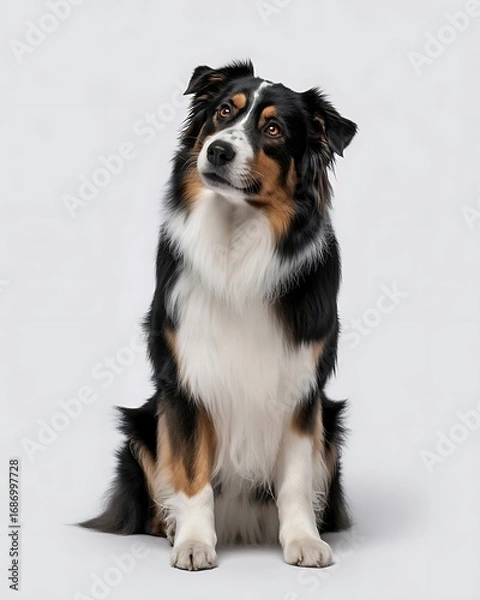 Fototapeta Beautiful australian shepherd dog sitting and looking up isolated on white background