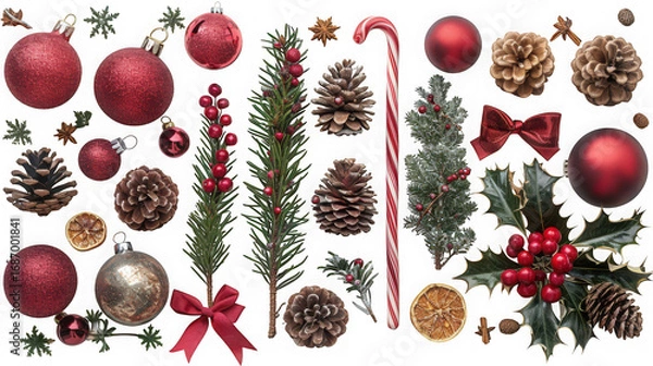 Fototapeta Assortment of festive christmas decorations including red baubles, pine cones, candy canes, fir branches, and holly berries, isolated on transparent background