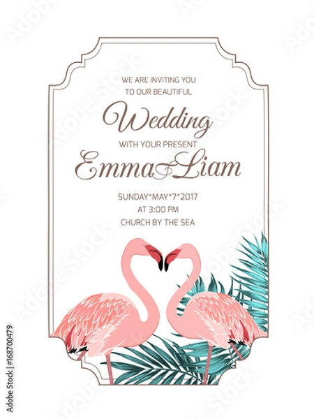 Fototapeta Pink flamingo birds loving couple. Green tropical jungle tree leaves. Vintage border frame template. Wedding marriage event invitation card RSVP. Text placeholder. Vector design illustration.