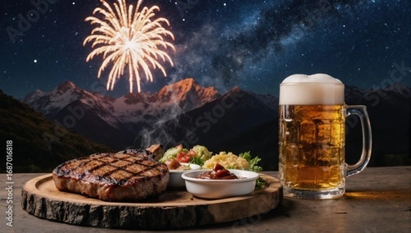 Fototapeta Outdoor nighttime barbecue with grilled pork chop and beer against a backdrop of fireworks over mountain view