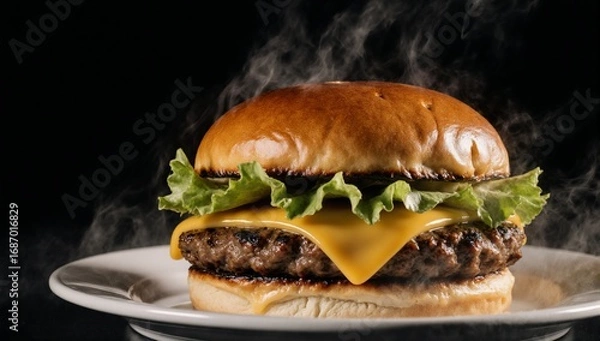 Fototapeta Close-up of a juicy steaming cheeseburger with melted cheese and lettuce on black studio background