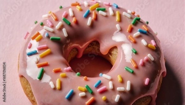 Fototapeta Vibrant sprinkle-topped pink donut against a soft pink background with subtle shadows