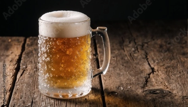 Fototapeta Frothy-headed cold beer in a mug on rustic wooden table
