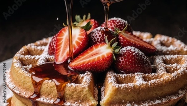 Fototapeta Closeup of golden brown waffle with strawberries and syrup