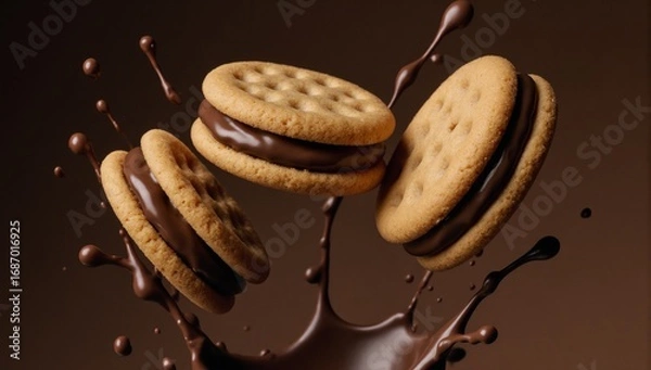 Fototapeta Mid-air chocolate cookies with dynamic splashing sauce against a brown background
