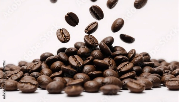 Fototapeta Isolated coffee beans falling on a white background