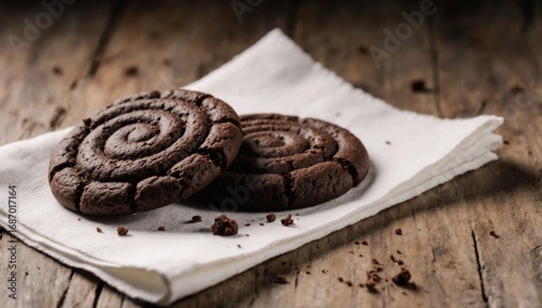 Fototapeta Two chocolate cookies on a napkin close-up view on wooden surface