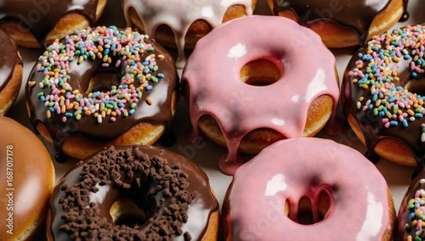 Fototapeta Arranged in a grid pattern assorted frosted donuts display a kaleidoscope of toppings