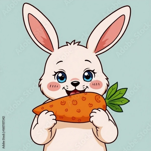 Fototapeta Cartoon illustration of a classic vintage rabbit eating a carrot in line style sketch