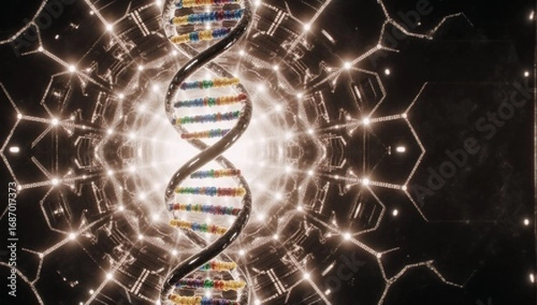 Fototapeta Digital abstract background with a detailed 3D DNA strand and glowing interconnected hexagonalcircuit patterns