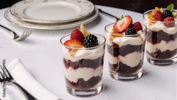 Fototapeta Elegant dessert cups showcase layered cream fruit and syrup in a classy setting