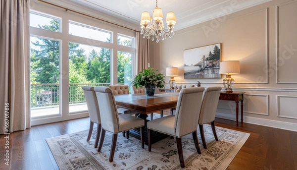 Fototapeta Luxury dining room with elegant wooden table, upholstered chairs, chandelier lighting, and large window view
