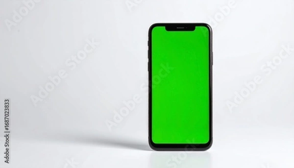 Fototapeta Modern mobile phone with a green screen display for your custom content. A sleek digital device mockup isolated on a clean white background with space for text