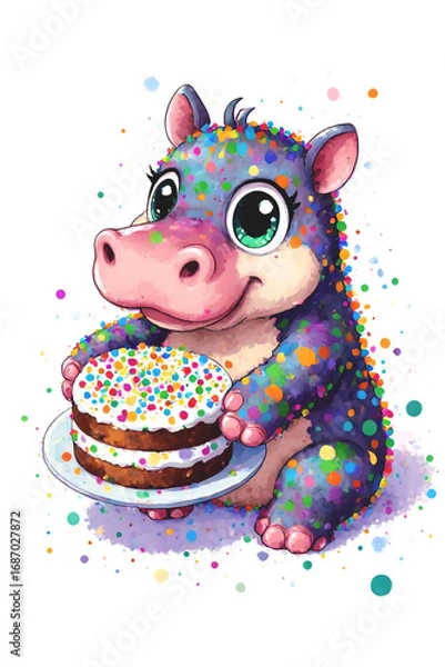 Obraz Adorable baby hippo holds a layered birthday cake with rainbow sprinkles, surrounded by cheerful energy and vibrant colors. 