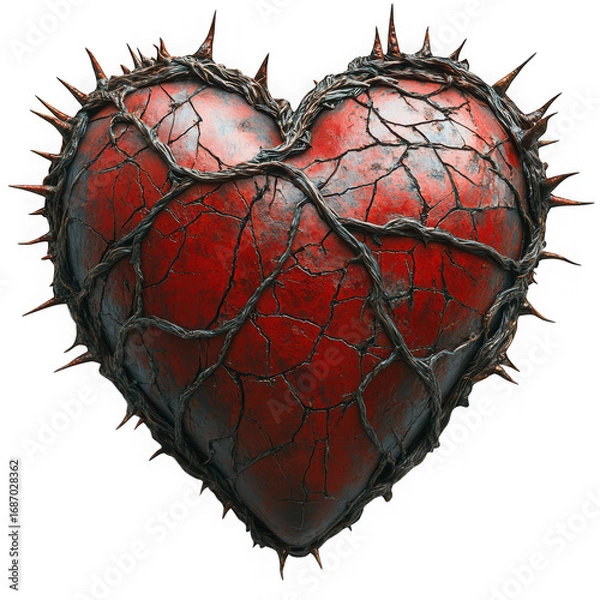 Fototapeta A cracked, red heart shape covered in dark, thorny vines, isolated on a transparent background