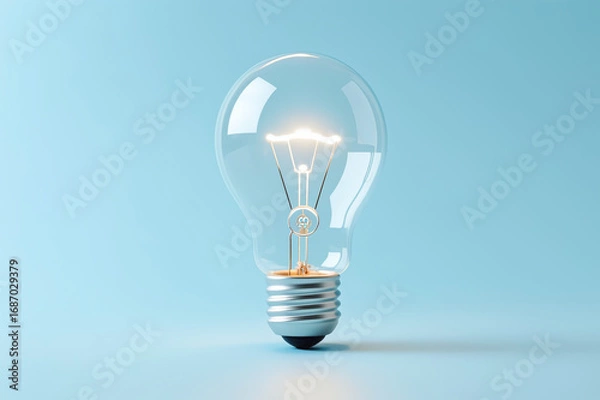 Fototapeta Photorealistic transparent light bulb shaped like a human head profile on light blue gradient background with realistic lighting