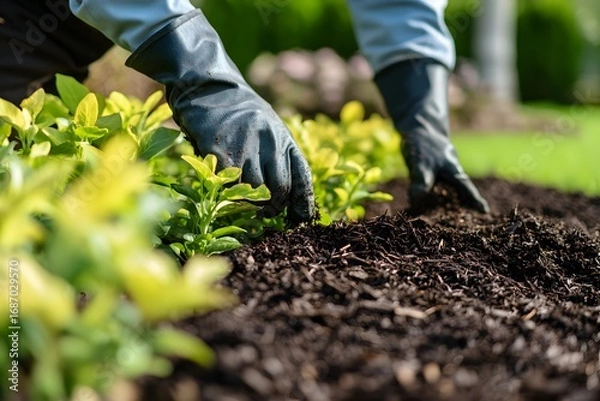 Obraz Landscaper Spreading Mulch Around Plants in Garden