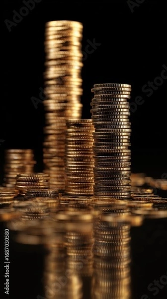 Fototapeta Several stacks of golden coins rise with bright reflections, symbolizing profit, stability and long-term savings. Elegant vertical finance background for ads, landing pages, hero banners and reports.