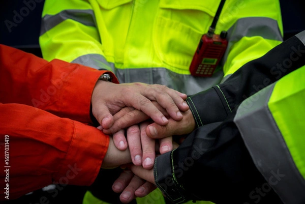 Fototapeta Teamwork and collaboration are essential in safety focused environments, as shown by hands of workers in bright safety gear coming together in unity