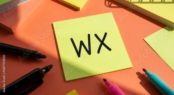 Obraz Workspace with sticky notes and pens illustrating WX concept for creative thinking