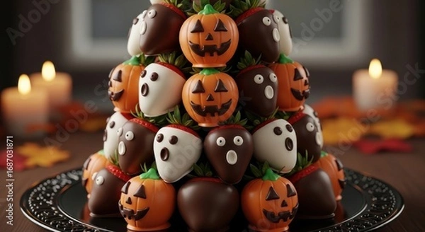 Fototapeta A halloween strawberry tower with chocolate covered strawberries shaped like pumpkins and ghosts on a plate