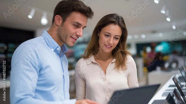 Fototapeta A man and woman shopping together for a laptop at an electronics store sales assistant pointing at features on the screen bright showroom filled with devices atmosphere of