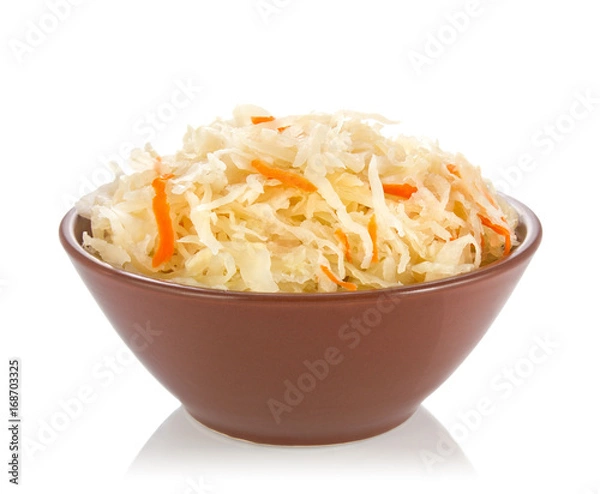 Fototapeta Pickled cabbage in ceramic pan isolated on white background.