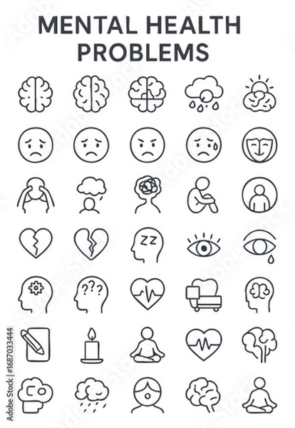 Fototapeta A minimalistic line-style icon set illustrating a wide range of mental health problems and emotional states.
