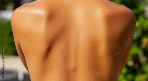 Fototapeta Close-up of a tanned woman's back reveals smooth skin and muscle definition with nature backdrop