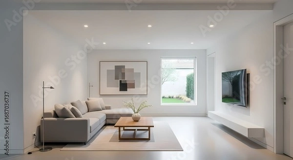 Fototapeta A bright, modern minimalist living room with a grey sectional sofa, wooden coffee table, and a large window.