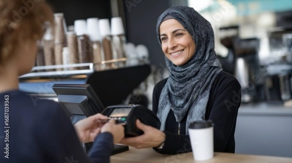 Obraz Customer interaction at a coffee shop barista and customer indoor setting engaging atmosphere close-up view daily life experience