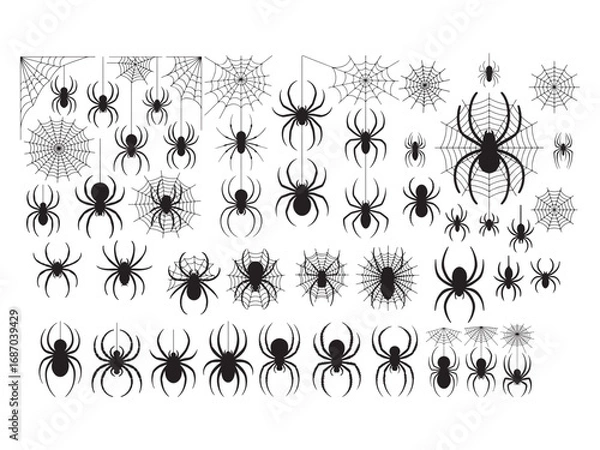 Obraz “Spider and spider web silhouette collection, creepy Halloween elements vector isolated on white.”