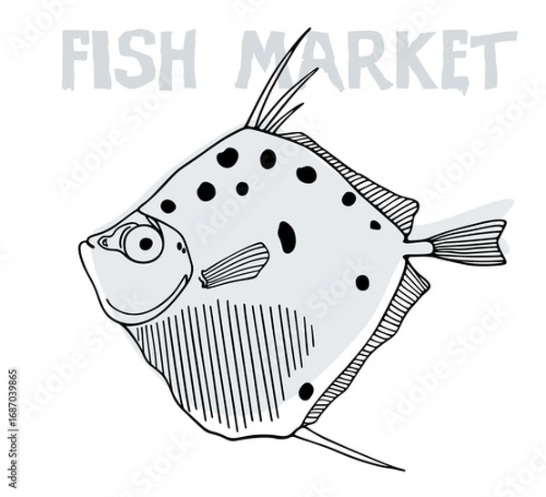 Fototapeta Vector fish market poster with hand drawn illustration of a funny fish made in graphic style. Ink drawing, beautiful design elements. 