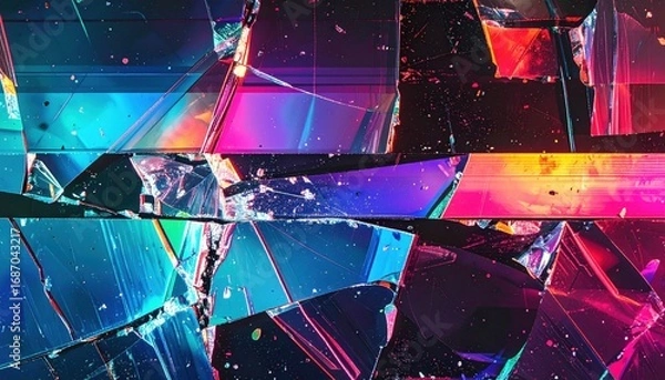 Fototapeta VHS broken video texture with glowing RGB noise and fractured glass effect 