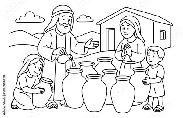 Obraz Biblical scene of elisha's oil miracle with family in ancient setting for spiritual education