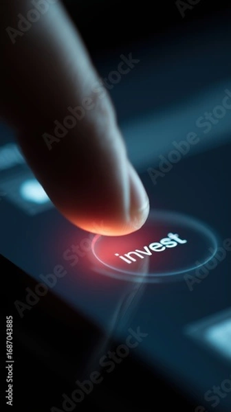 Fototapeta Macro shot of a finger pressing a glowing Invest button on a smartphone. The vertical composition conveys commitment and portfolio growth, ideal for app onboarding, finance ads, blog headers