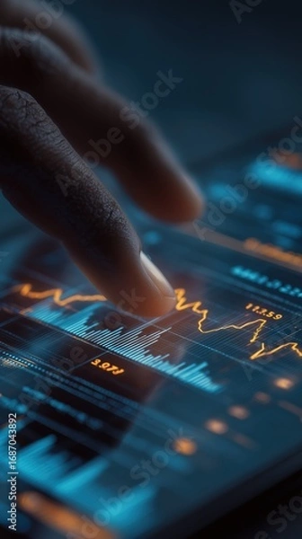 Fototapeta Close view of a hand using a tablet trading app with candlestick charts, orders and analytics. Vertical shot illustrates mobile investing and market monitoring, perfect for headers, reports, ads