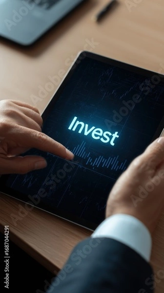 Fototapeta Business hands point to a tablet with a bright INVEST screen in an office setting, signaling decision and strategy. Vertical corporate finance image suited for reports, campaigns, websites and slides