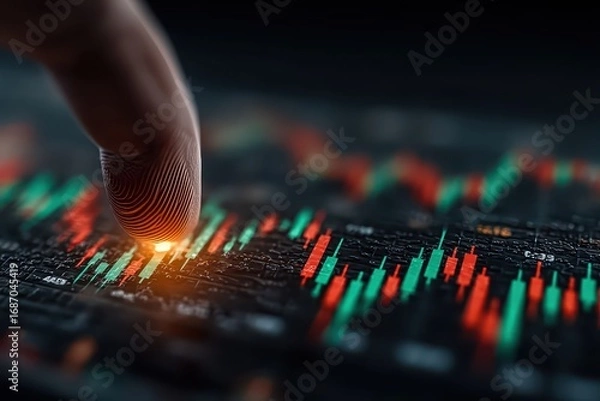 Fototapeta Finger Touching Digital Stock Market Data with Charts and Graphs Display