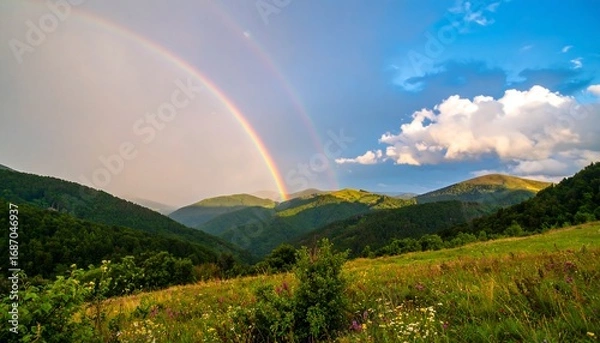Fototapeta Mountain landscape with double rainbow