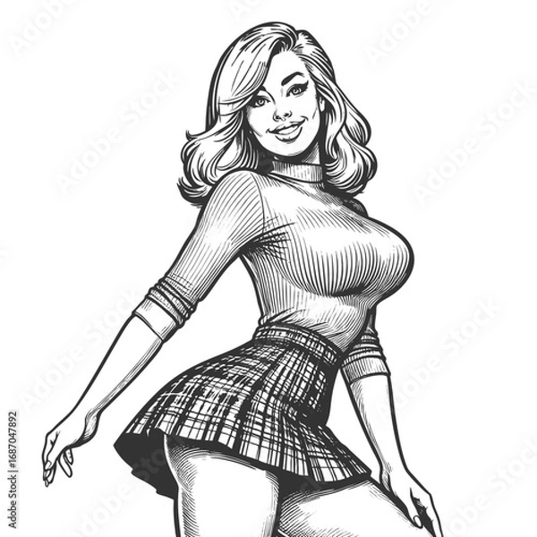 Fototapeta pin-up woman wearing a fitted turtleneck top and a short plaid skirt playfully with flirty smile sketch engraving generative ai fictional character vector illustration. Scratch board. Black and white.