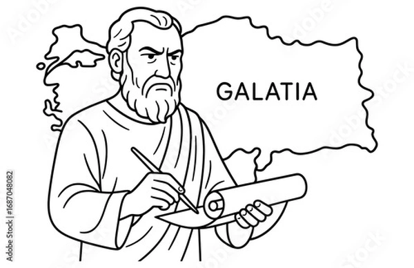 Fototapeta Apostle paul writing to the galatians with ancient map background for religious education