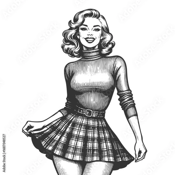 Fototapeta smiling woman in plaid skirt, exuding a playful and confident retro fashion look sketch engraving generative ai fictional character vector illustration. Scratch board imitation. Black and white image.
