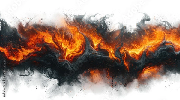 Fototapeta Abstract fiery explosion of orange flames and black smoke, isolated on transparent background