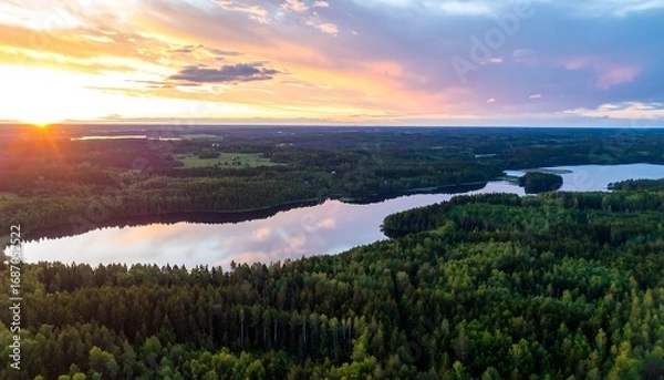 Obraz Panoramic sunset over a winding lake