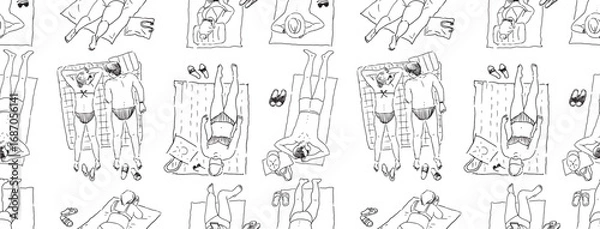 Fototapeta People in beach holiday, seamless pattern, summer vacation, lying on seashore, tanned, relaxing, realistic contour hand drawings, vector, background, paper, wallpaper