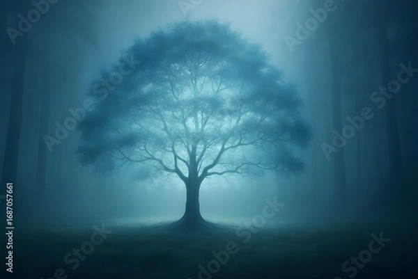 Fototapeta Windows 11 Wallpaper: Solitary tree in foggy landscape with soft moody lighting and mysterious atmospheric feel