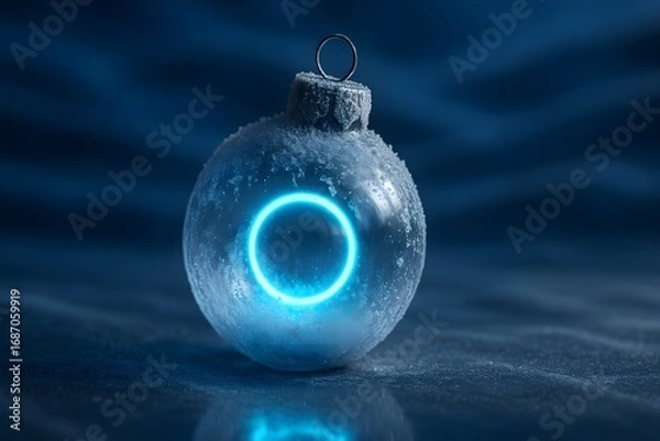 Fototapeta Windows 11 Wallpaper: Single blue glowing Christmas ornament with circular neon ring on soft frosty background for modern holiday theme