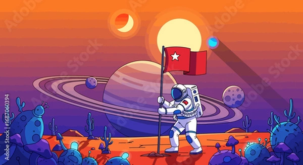 Fototapeta Vibrant vector illustration of a triumphant astronaut planting a flag on a strange alien planet with a cosmic background