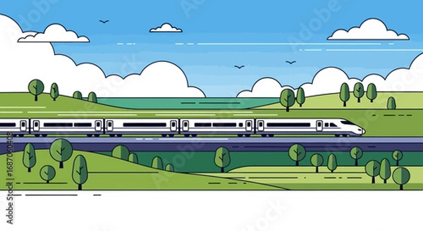 Fototapeta Modern high-speed train traveling through a scenic green landscape under a cloudy blue sky, illustrating advanced transportation technology